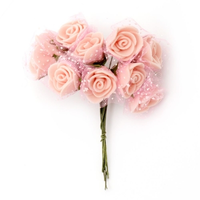 Роза букет 20x90 мм гума и органза розова светла -10 броя