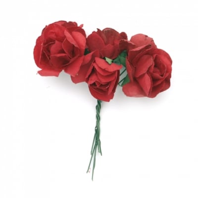 Роза букет хартия и тел 35 мм цвят тъмно червен -6 броя