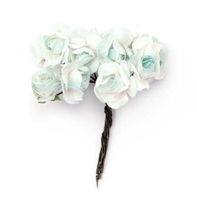 Роза букет хартия и тел 18x70 мм бяло и светло синьо -12 броя