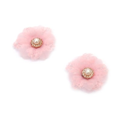 Цвете дантела и органза с перла и кристали 45 мм цвят светло розов -2 броя 