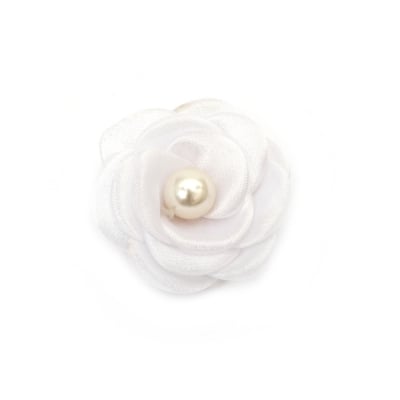 Роза органза с перла 55 мм цвят бял -2 броя 