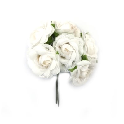 Роза букет текстил и дантела 60x140 мм цвят бял -6 броя