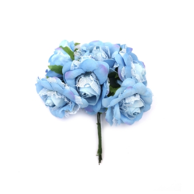 Роза букет текстил и дантела 60x140 мм цвят син -6 броя