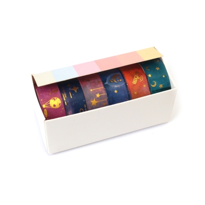 Хартиено тиксо за декорация Washi различни видове със златни звездни мотиви 15 мм -6 ролки x 2 метра