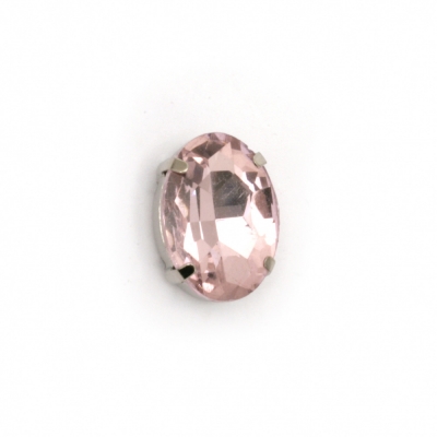 Камък стъкло за пришиване с метална основа овал 18x13x7 мм дупка 1 мм екстра качество цвят розов