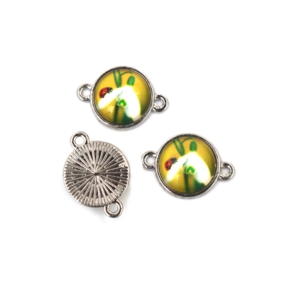 Свързващ елемент тип кабошон метал цвят сребро и стъкло 20x14x5 мм дупка 1.5 мм кокиче -5 броя