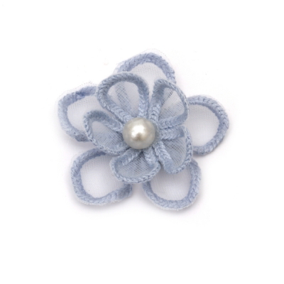 Елемент дантела за декорация цвете с перла 45 мм цвят син -2 броя