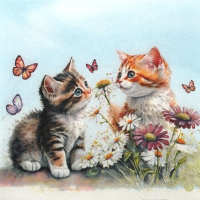 Салфетка за декупаж Ambiente 33x33 см трипластова Kittens in flower field -1 брой