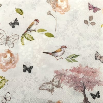 Салфетка за декупаж Ambiente 33x33 см трипластова Birds and butterflies grey -1 брой