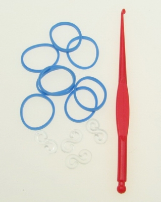 Комплект за плетене на гривни - кука 85 мм ,12 броя S-скоби и ~270 броя ластички 18 мм - сини