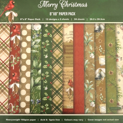 Дизайнерска хартия 160 гр за скрапбукинг, арт и крафт 8 inch (20.3x20.3 см) 12 дизайна x 2 листа Merry Christmas