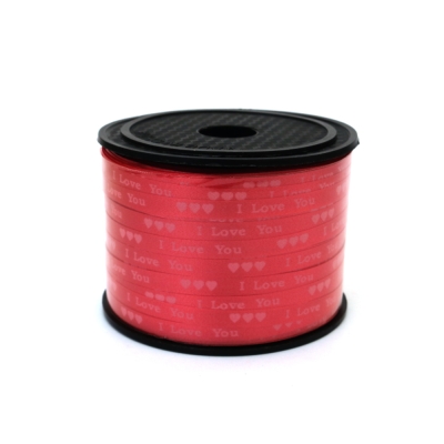Лента панделка цветарска 5 мм червена с надпис I love you -91 метра