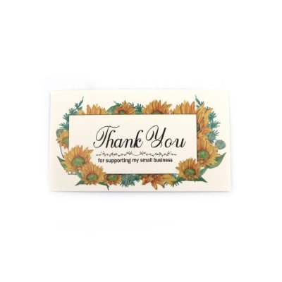 Картончета за визитки, картички 90x50 мм с надпис "Thank You" цвят бял със слънчогледи -50 броя