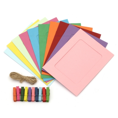 Комплект цветни картонени рамки за снимки външен размер 15.1x11.6 см с декоративни щипки -10 броя и конопено въже цвят микс