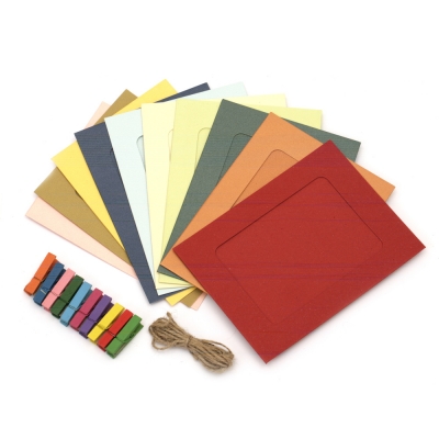 Комплект цветни картонени рамки за снимки външен размер 15.1x11.6 см с декоративни щипки -10 броя и конопено въже цвят перлен