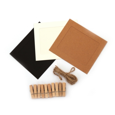 Комплект цветни картонени рамки за снимки външен размер 104x120 мм с декоративни щипки -10 броя и конопено въже цвят бял, черен, кокос