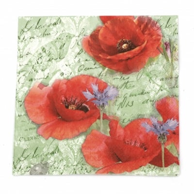 Салфетка за декупаж Ambiente 33x33 см трипластова Painted poppies green-1 брой