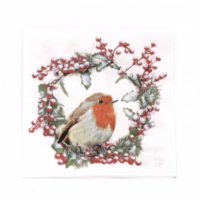 Салфетка за декупаж Ambiente 33x33 см трипластова Robin in Wreath -1 брой