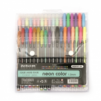 Комплект химикалки с гел мастило неонови цветове и фин брокат 1.0 мм -36 цвята