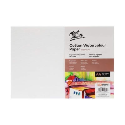 Памучна хартия за акварел A4 Premium 300gsm Mont Marte Cotton Watercolour Paper -5 листа