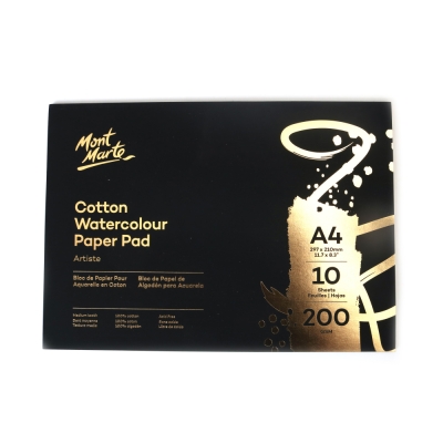 Памучна хартия за акварел A4 Premium 200gsm Mont Marte Cotton Watercolour Paper 200gsm -10 листа