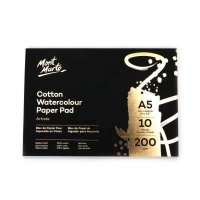 Памучна хартия за акварел A5 Premium 200gsm Mont Marte Cotton Watercolour Paper -10 листа