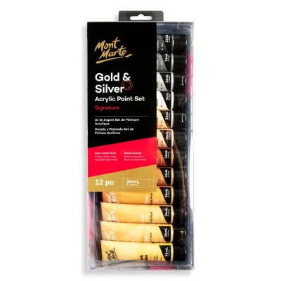 Комплект акрилни бои златни и сребърни Mont Marte Gold and Silver Acrylic Paint Set 12 бр. x 36 мл