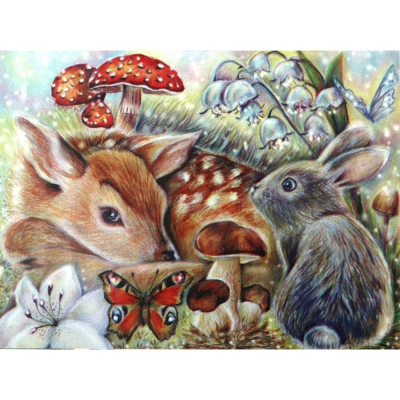 Диамантен гоблен 21x25 см кръгли диаманти частично облепяне -Заек и сърна YSA2411