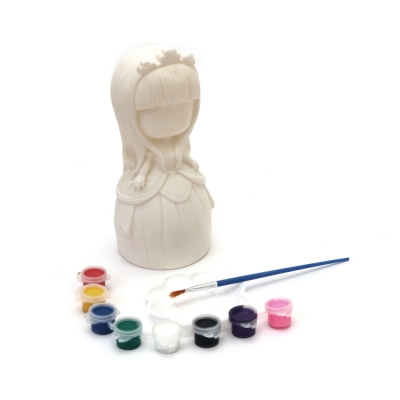 Пластмасова касичка за оцветяване 80x140 мм с четка и бои -Принцеса