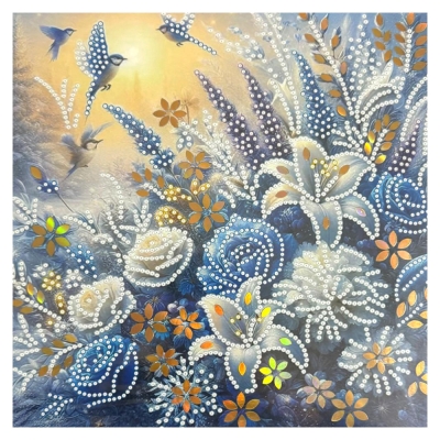 Диамантен гоблен 30x30 см кръгли диаманти частично облепяне с рамка -Нежен полъх  от цветя LT-3537