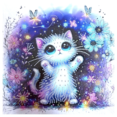 Диамантен гоблен 25x25 см кръгли диаманти частично облепяне с рамка -Пухкаво коте YY75