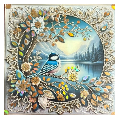 Диамантен гоблен 20x20 см кръгли диаманти частично облепяне с рамка -Синьо утро LT-035
