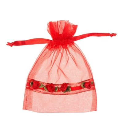 Торбичка подаръчна шифон с роза, 10 x 13 cm, червена