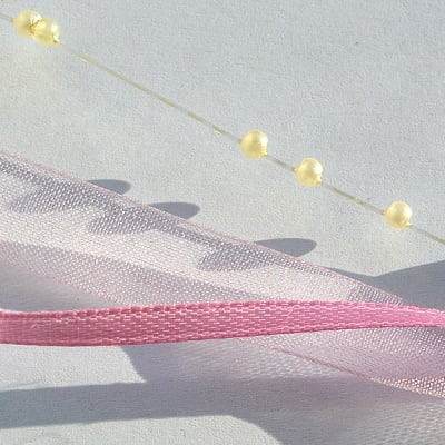 Лента сатенена+шифонена+нишка със сърца, 12 mm, 10m, розова