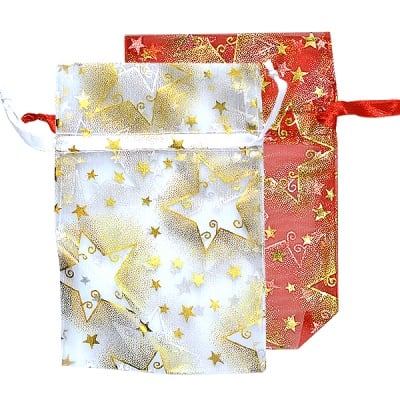 Торбичка подаръчна шифон, 10 x 15 cm, червена със златни звезди