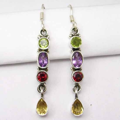 Обици Цитрин, Перидот, Гранат, Аметист със Сребро 925