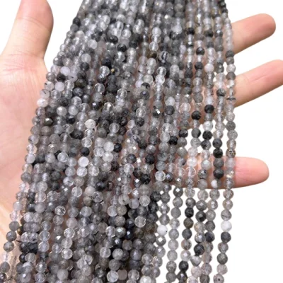 Наниз Черен Турмалин в Кварц, Стрелите на Амур Фасетирано Топче 4 мм