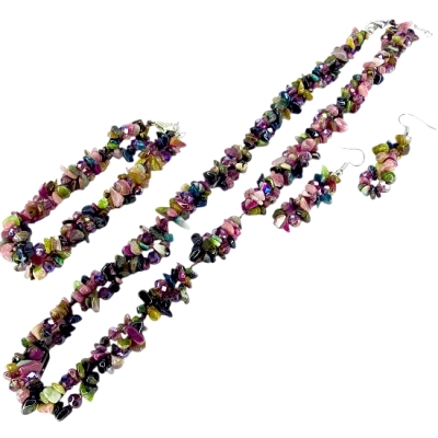 Комплект Триредно Колие, Гривна, Обеци Многоцветен Турмалин 