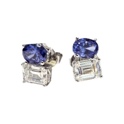 Обици Танзанит и Мойсанит със Сребро 925 и Родий