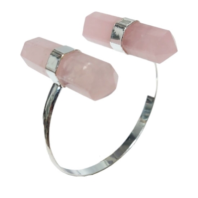 Гривна с Регулиращ се Размер и Натурални Двувърхи Кристали от Розов Кварц и Обков с Дълбоко Посребряване 925/1000