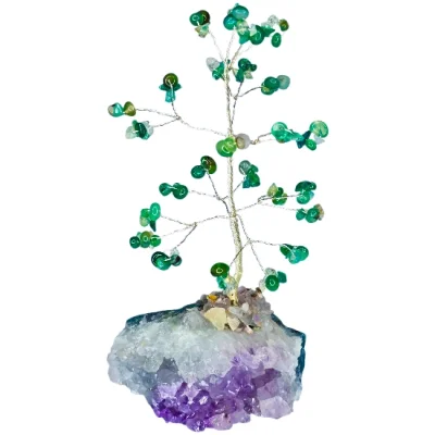 Дръвче на Живота с Зелен Ахат върху Аметистова Друза или Друза от Планински Кристал