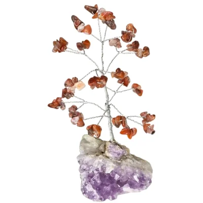 Дръвче на Живота с Огнен Ахат върху Аметистова Друза или Друза от Планински Кристал