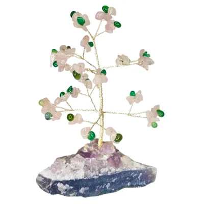 Дръвче на Живота с Розов Кварц и Зелен Ахат  върху Аметистова Друза или Друза от Планински Кристал