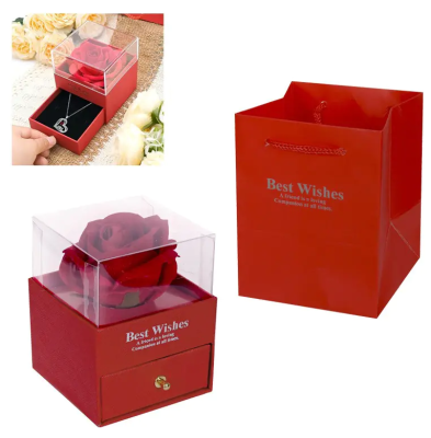 Елегантна кутия за бижута с текстилна роза под ПВЦ купол и подаръчна торбичка 