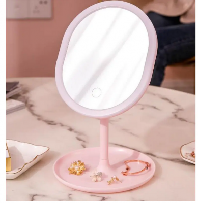 Настолно огледало с LED осветление, кръгло розово