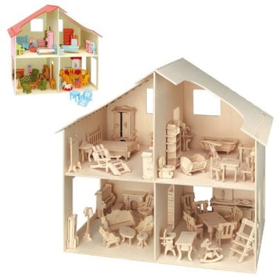 Кукленска къща - комплект за сглобяване,дърво - 262 части, 40x37 cm -