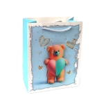 Подаръчна торбичка от картон 18x23x10 см 3D Мече със сърце – син фон