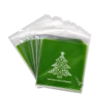 Целофанов плик 10x13 см Коледна елха цвят прозрачен със зелен гръб и лепка -100 броя 
