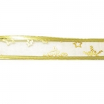 Лента органза 25 мм с алуминиев кант златна с щампа -1 метър