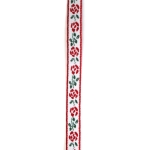 Ширит 10 мм, бял, с червени цветя, зелени клонки с листа и червен кант -5 метра